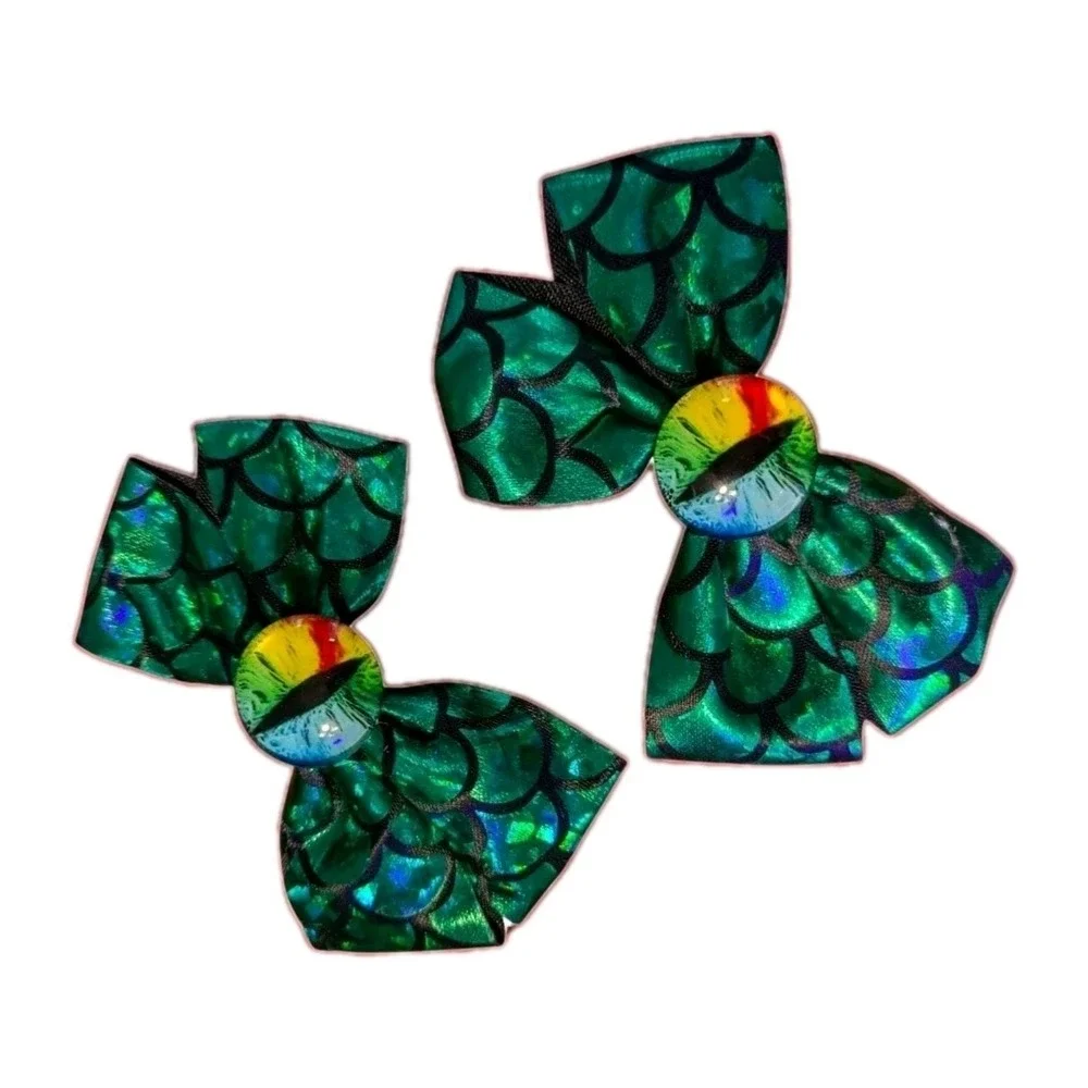 Green Dragon Eye Hair Bow Alligator Clip Reptile Scale Fantasy Cosplay Costume